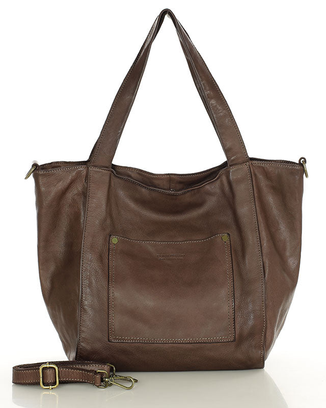 Caldera City. Skórzana damska torba na ramię shopper bag, brązowa & czarna