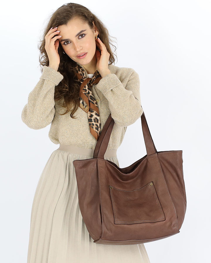 Caldera City. Skórzana damska torba na ramię shopper bag, brązowa & czarna