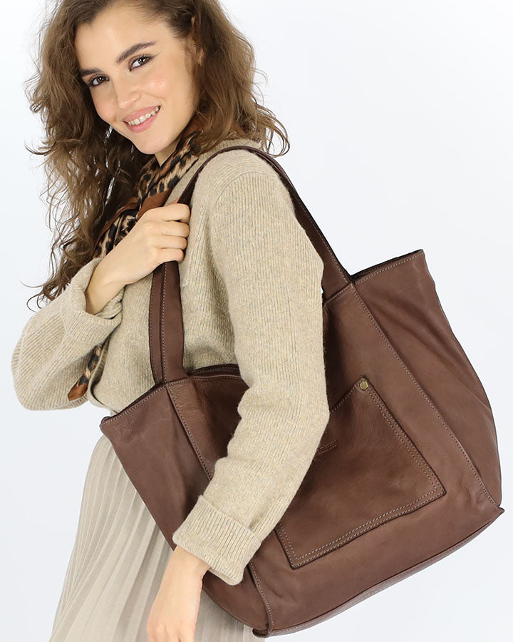 Caldera City. Skórzana damska torba na ramię shopper bag, brązowa & czarna