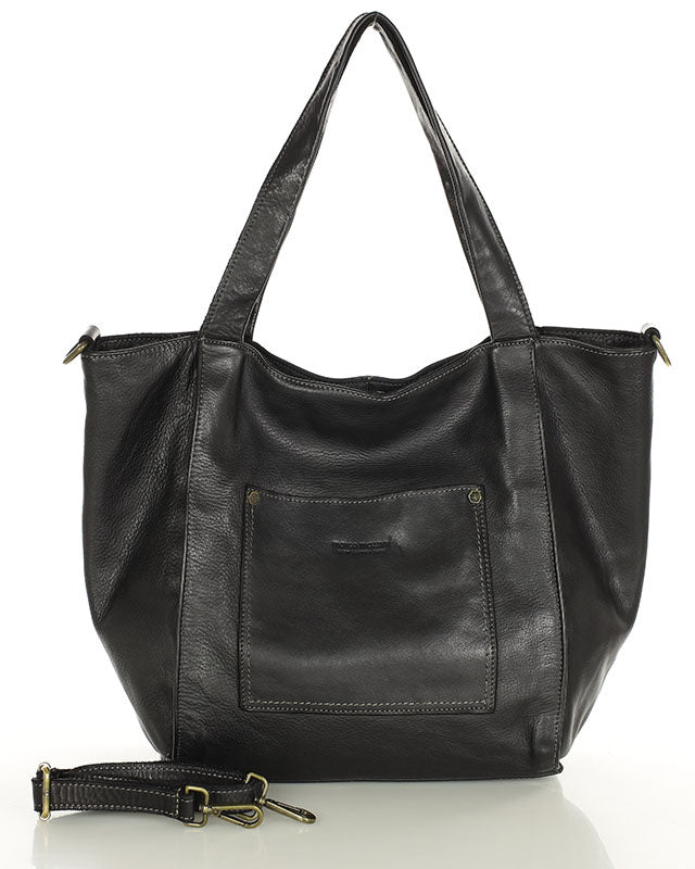 Caldera City. Skórzana damska torba na ramię shopper bag, brązowa & czarna