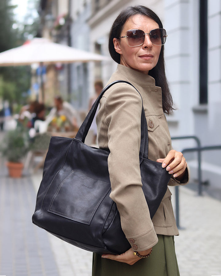Caldera City. Skórzana damska torba na ramię shopper bag, brązowa & czarna