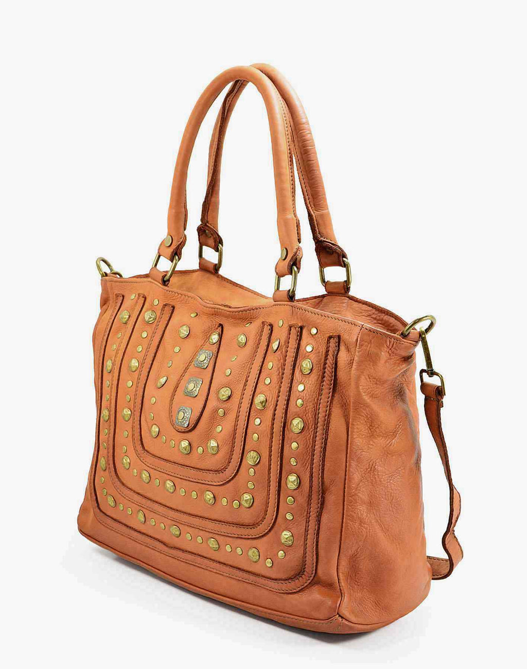 CAMPINO Shopper Tasche aus weiches leder mit nieten und reißverschluss - cognac (Abschied vom Modell)