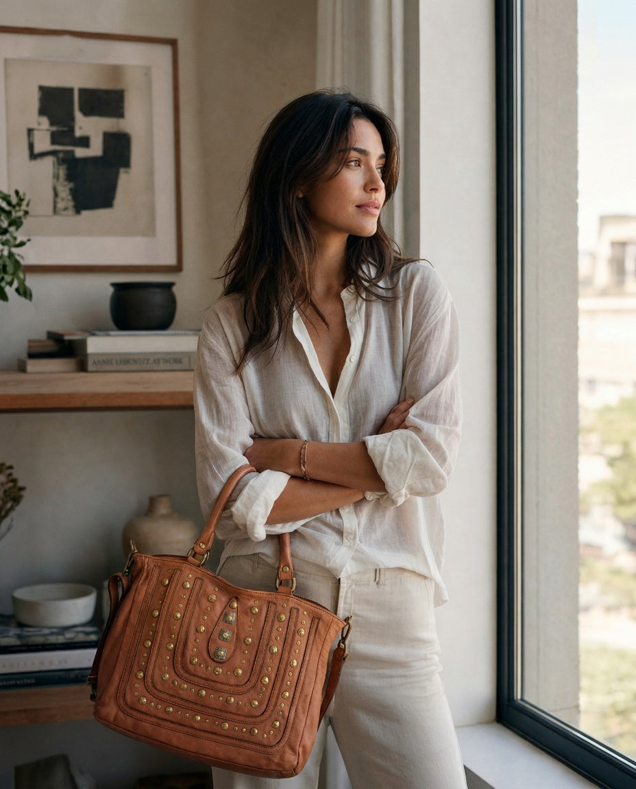 CAMPINO Shopper Tasche aus weiches leder mit nieten und reißverschluss - cognac (Abschied vom Modell)