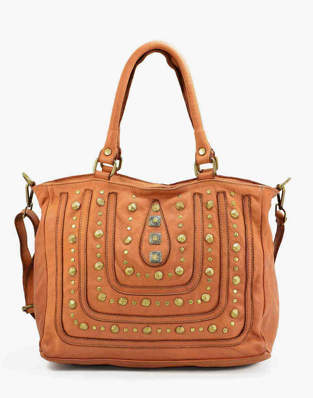 CAMPINO Shopper Tasche aus weiches leder mit nieten und reißverschluss - cognac (Abschied vom Modell) cognac
