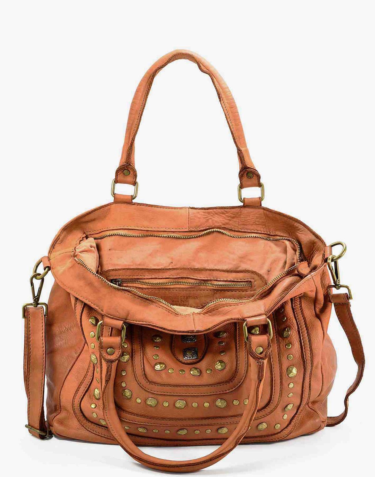 CAMPINO Shopper Tasche aus weiches leder mit nieten und reißverschluss - cognac (Abschied vom Modell)