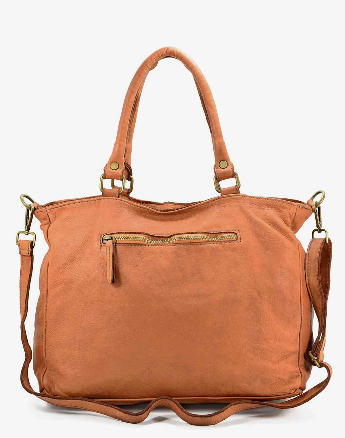 CAMPINO Shopper Tasche aus weiches leder mit nieten und reißverschluss - cognac (Abschied vom Modell)