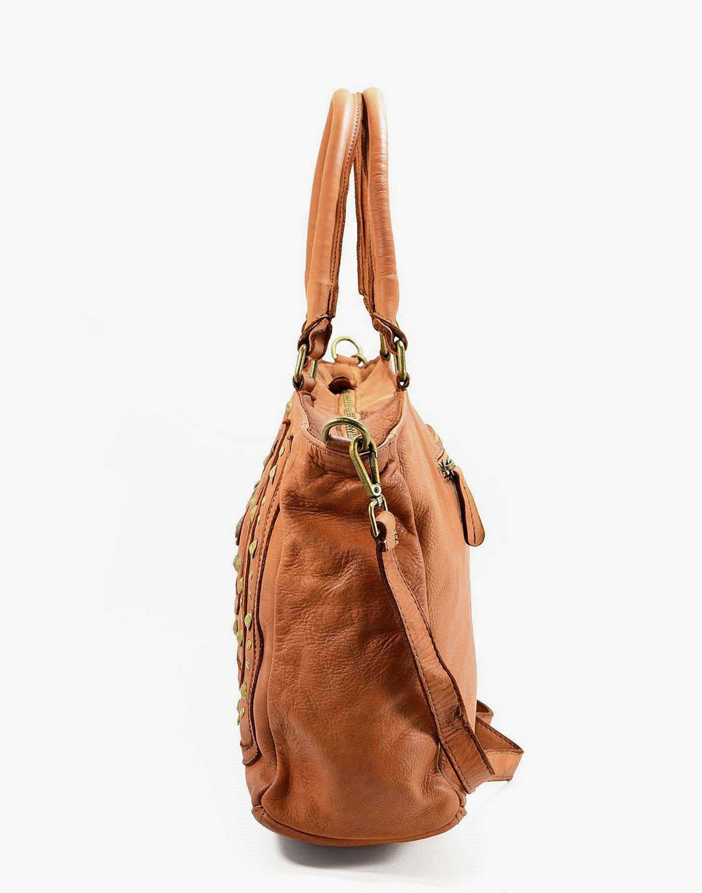 CAMPINO Shopper Tasche aus weiches leder mit nieten und reißverschluss - cognac (Abschied vom Modell)
