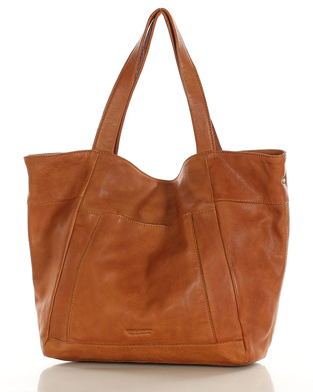 shopper bag CATANIA – luksusowa włoska torba shopper z naturalnej skóry z zamkiem błyskawicznym Cognac