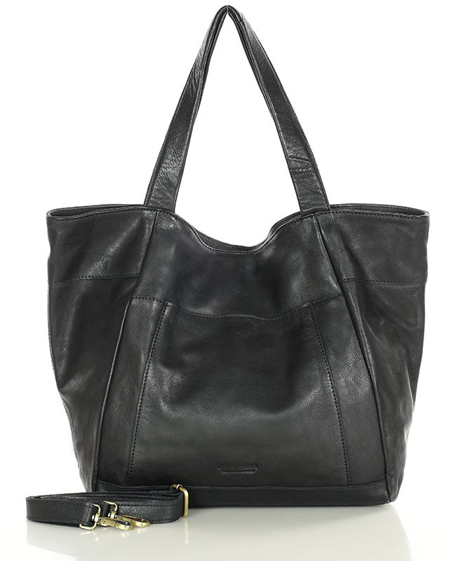 shopper bag CATANIA – luksusowa włoska torba shopper z naturalnej skóry z zamkiem błyskawicznym Czarny