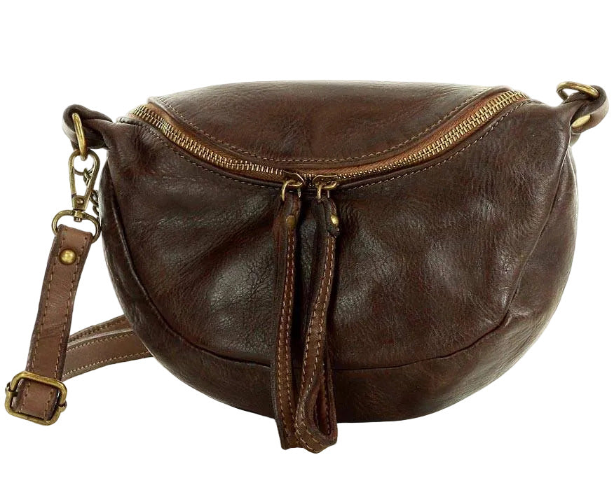 Small women's brown bag made of Italian leather with a brass zipper and tassel for shoulder and crossbody
