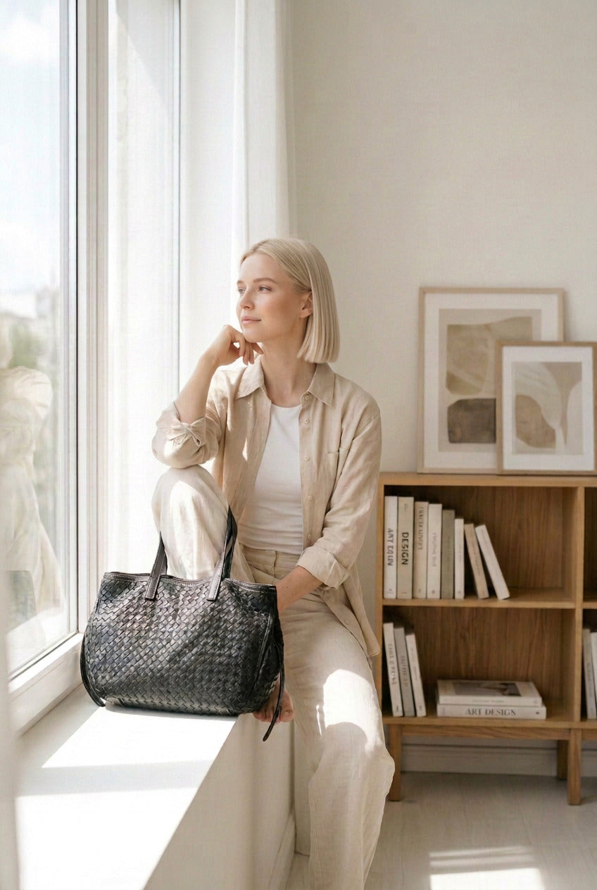 Kobieta z czarną torebką na ramię typu shopper z naturalnej skóry, w casualowej stylizacji do pracy. Długie uchwyty i pojemny fason sprawiają, że torba pasuje do miejskiego stylu business casual.