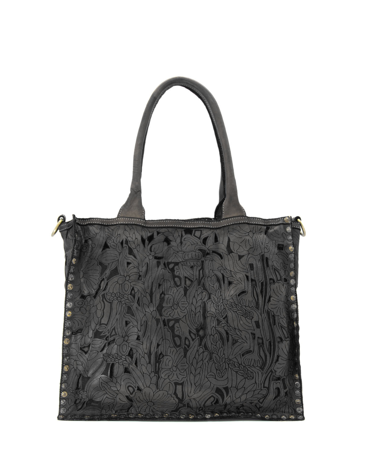 Czarna skórzana torba shopper z kwiatowym wzorem i odpinanym paskiem, styl Boho
