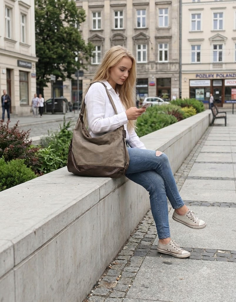 Women's canvas bucket bag with adjustable shoulder strap