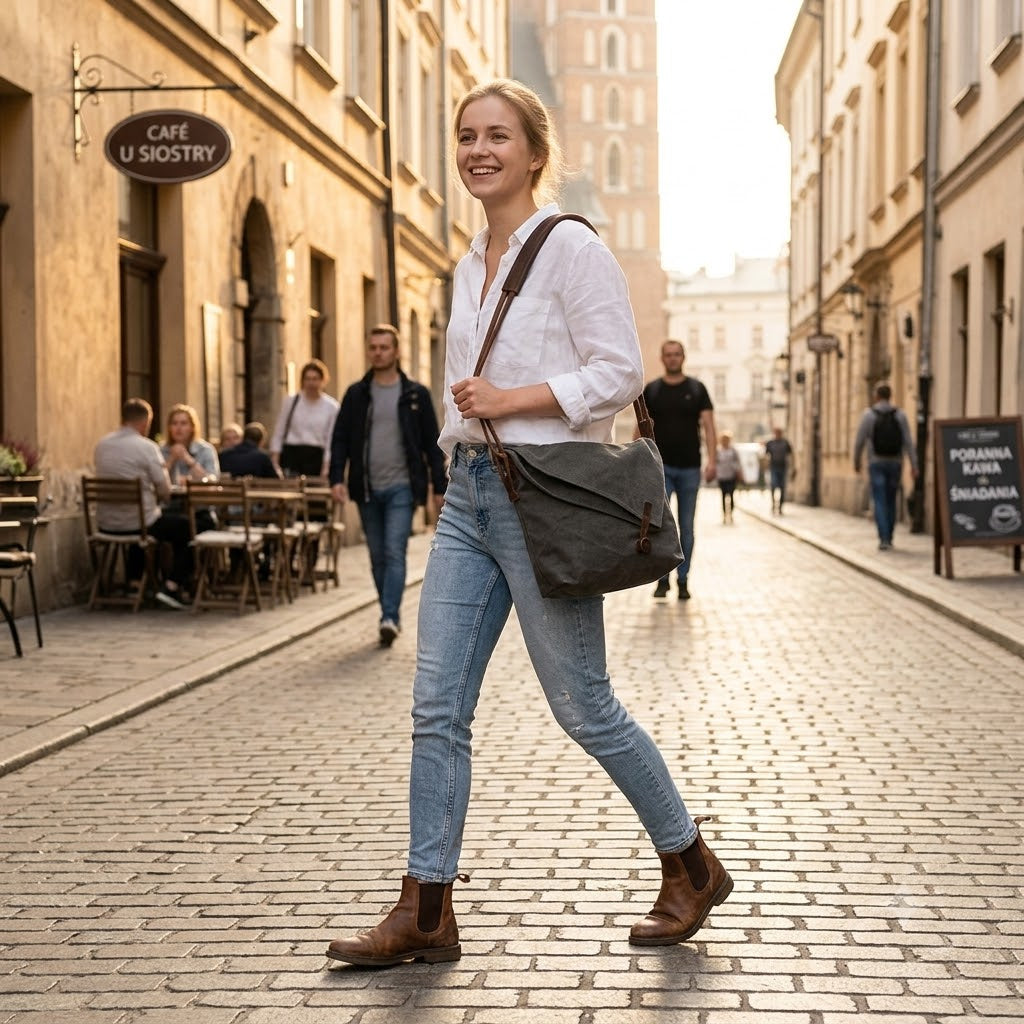 Woman carrying a gray canvas hobo bag on her shoulder