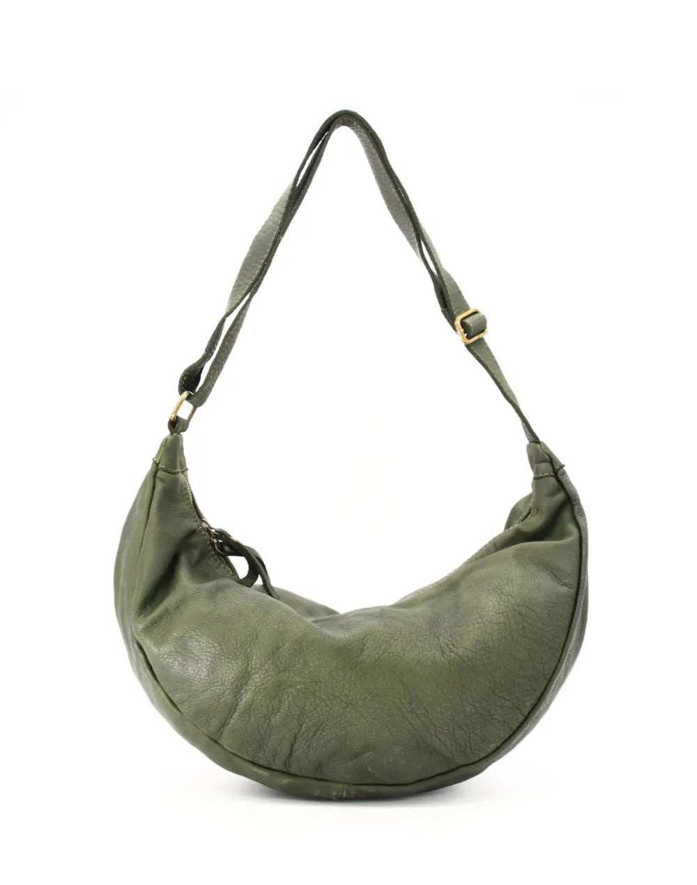 grön damväska i halvmåneform av kalvskinn från Lavata. Skinnväska med crossbody-design som utmärker sig med naturlig textur och mjuk form.