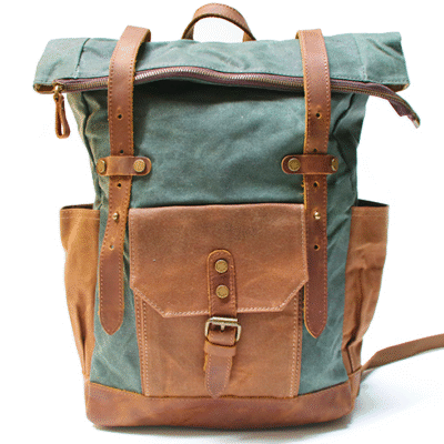 Large women's roll-top backpack made of WAX Vintage cotton canvas - front view