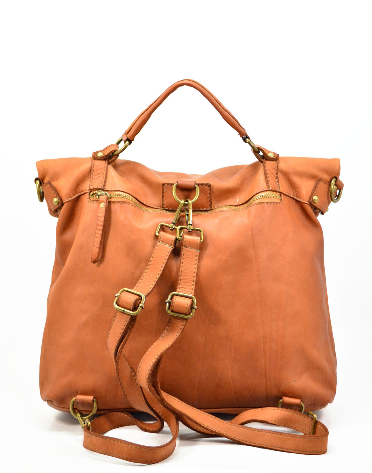 Back of a women's vintage leather backpack