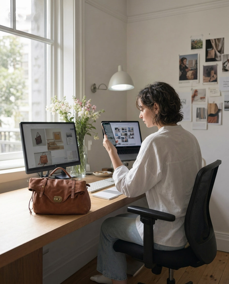 Woman sitting at a desk, next to her lies a women's Italian 2-in-1 backpack bag. A4 size. Retro style. Cognac brown color.