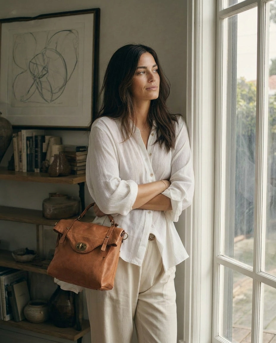 Woman standing by the window holding a 2-in-1 leather backpack bag. A4 size. Retro style. Cognac brown color.