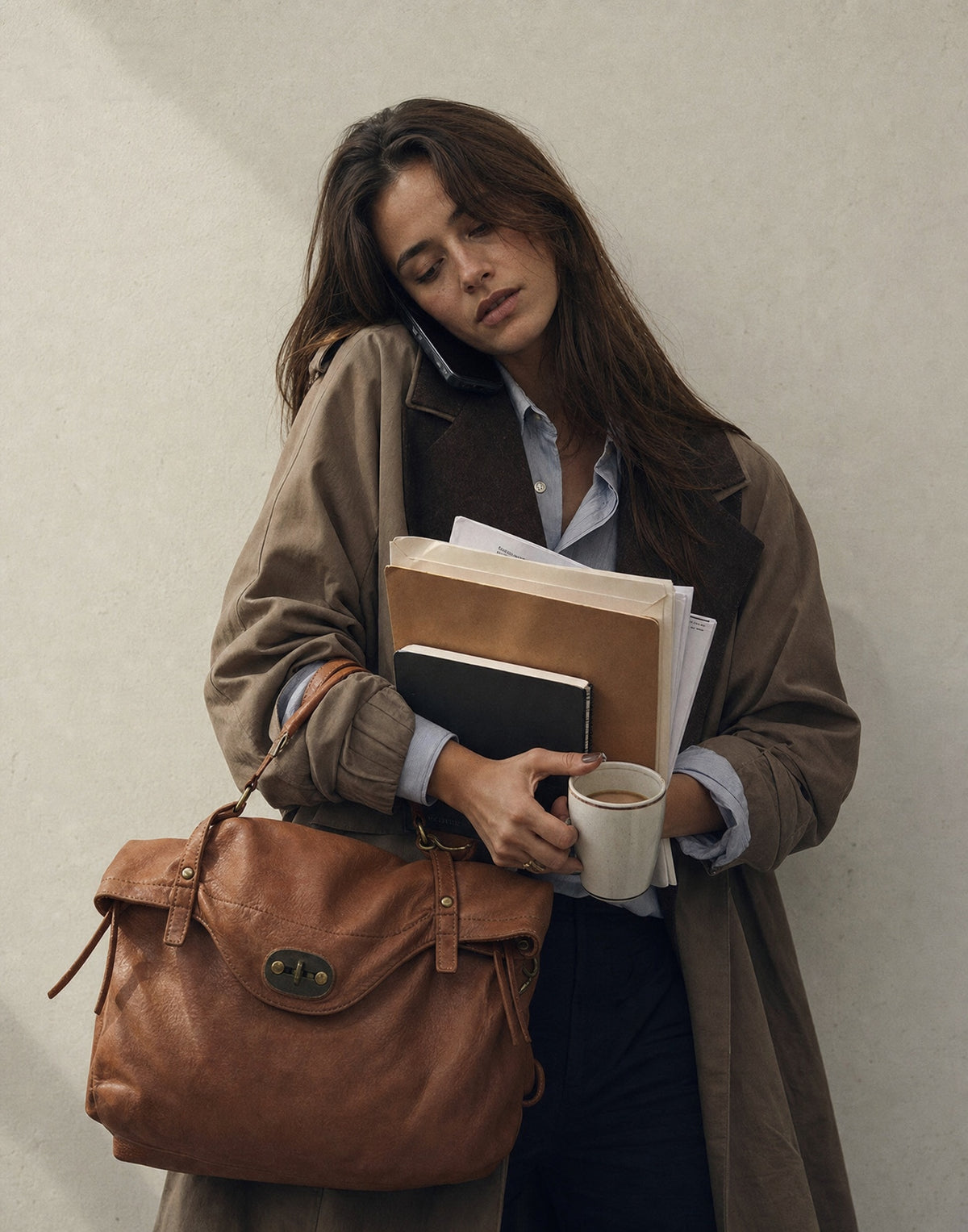woman at work holding a vintage women's leather backpack made of natural Italian leather in cognac brown color, A4 size
