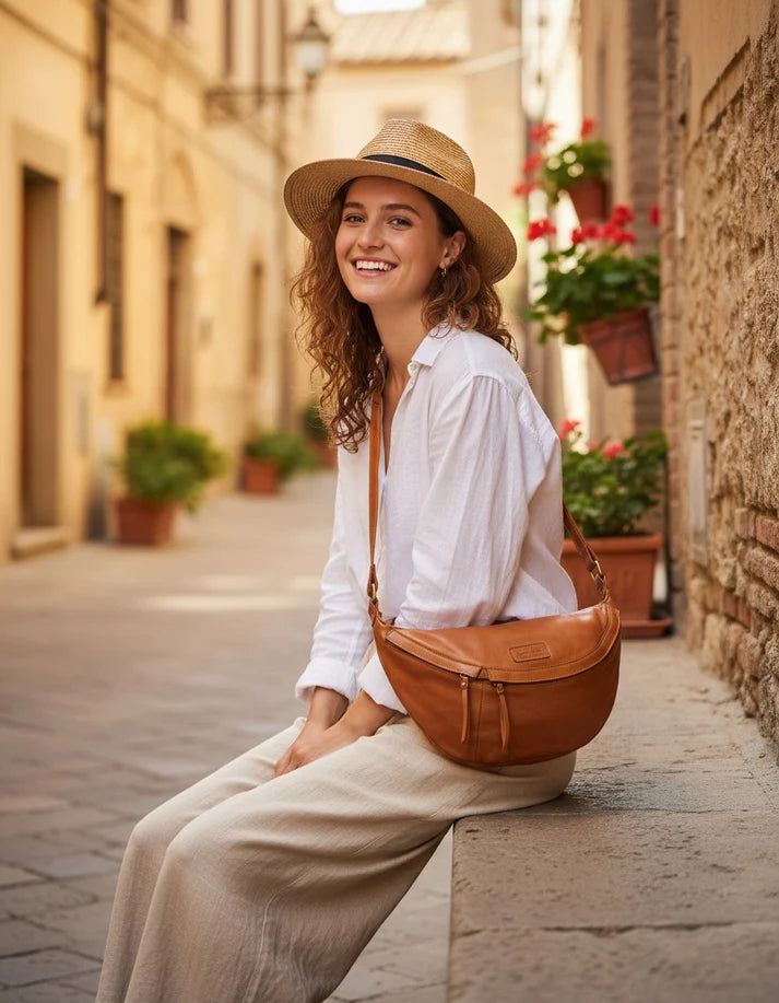 Large women's waist bag made of Italian Lavata leather for everyday styles
