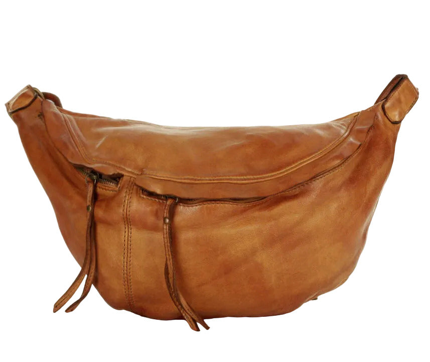 Large crossbody fanny pack made of washed Italian Lavata leather - for women or men