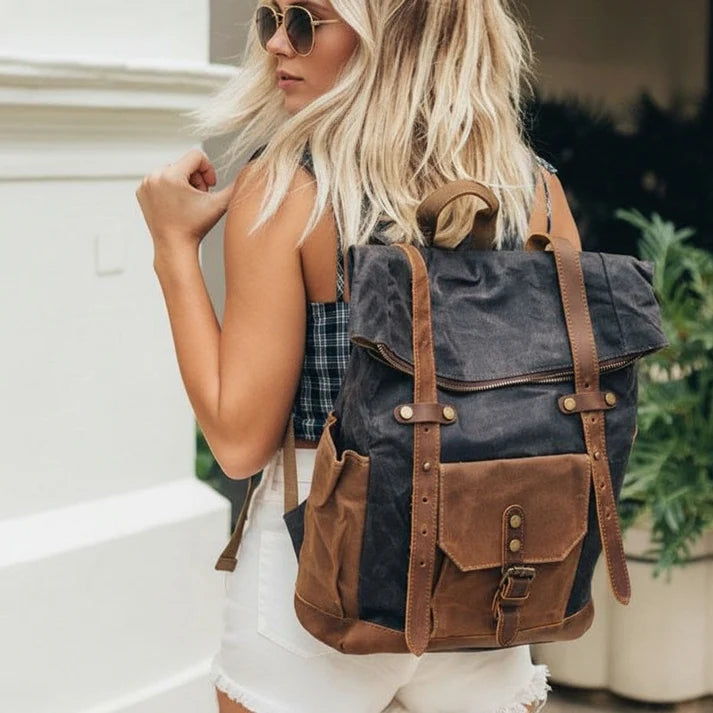 Women's canvas and leather backpack for a city walk
