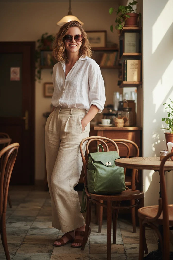 Woman in a cafe with a green vintage leather backpack lying on a chair