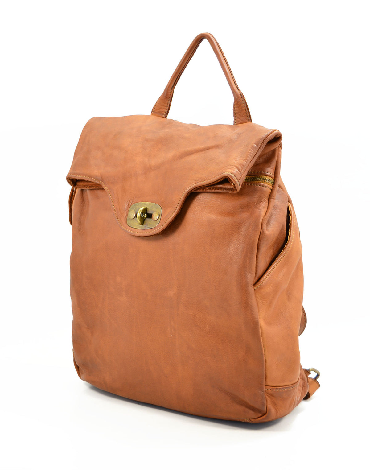 Vintage leather backpack in cognac color – flap and twist lock closure
