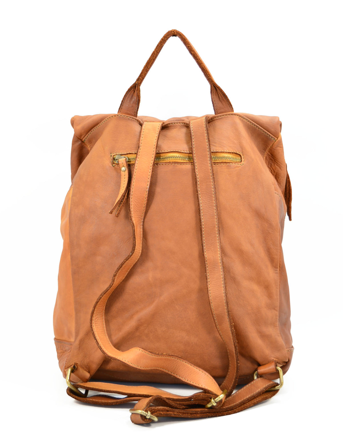 Vintage unisex leather backpack in cognac color – rear view with adjustable straps