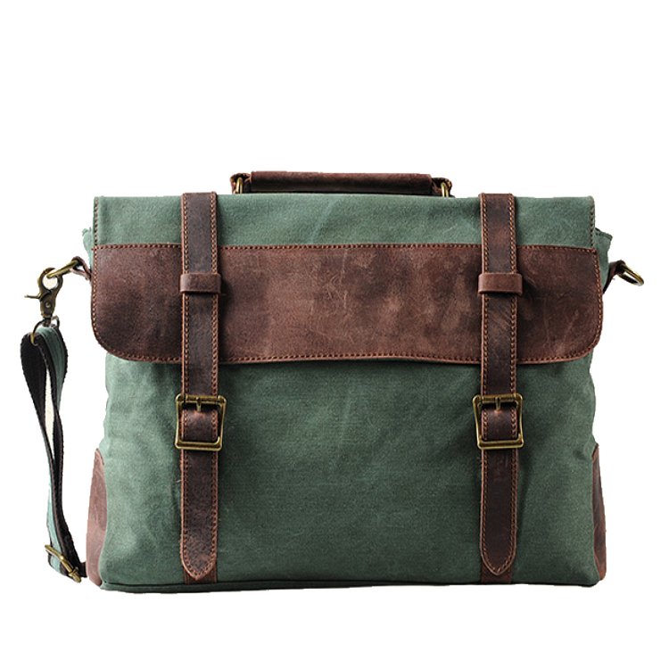 Grön vintage portfölj i canvas med axelrem HARVARD unisex. Tvåfack.