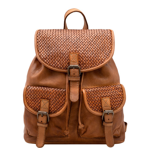 classic women's leather backpack with vintage flap in cognac brown