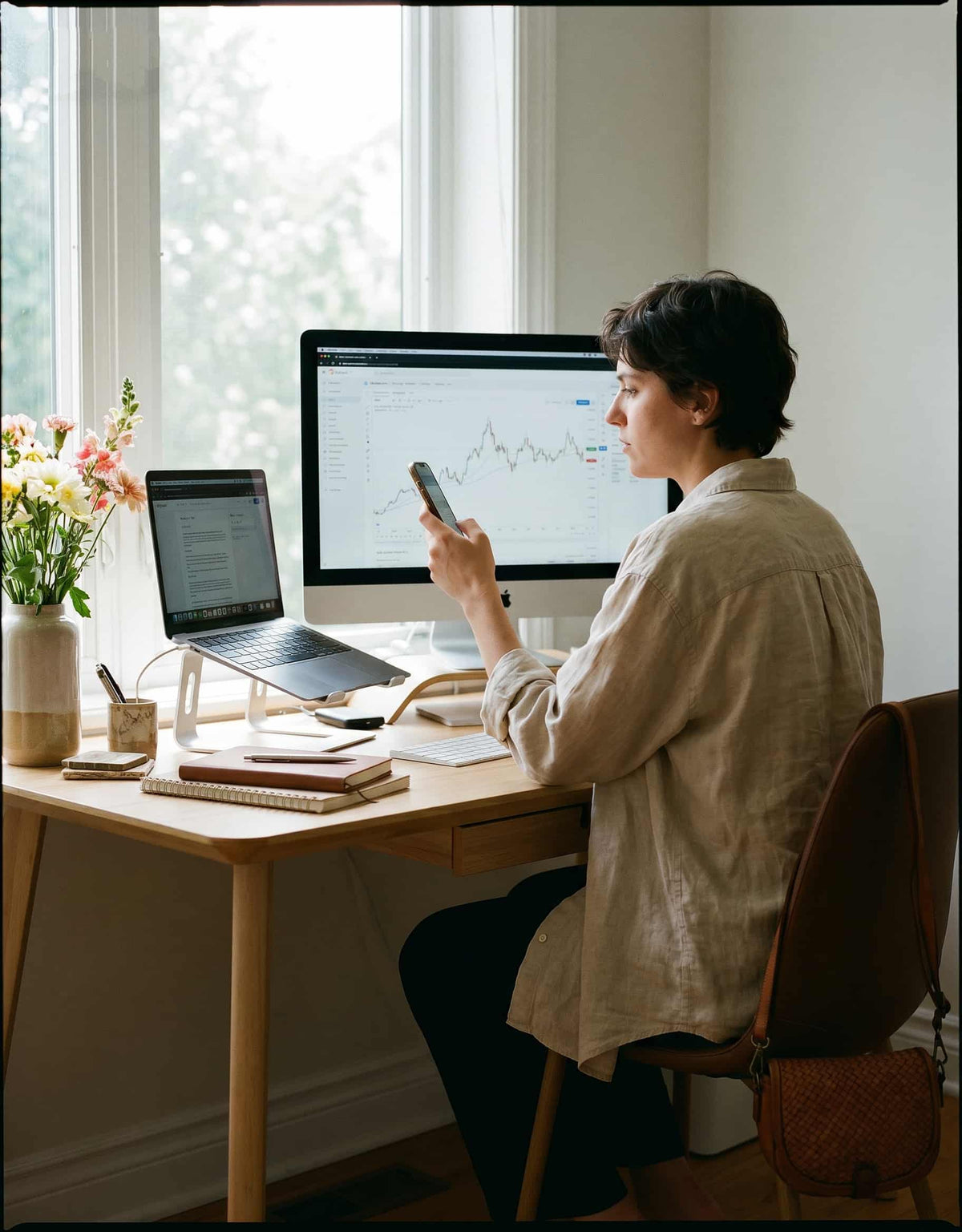 Kobieta z brązową skórzaną torebką wiszącą na oparciu fotela w biurze. Mała damska torebka crossbody pasuje do codziennych aktywności.	