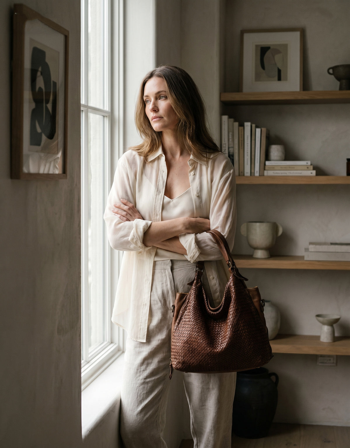 Caldoni Intrecciato - Duża damska skórzana torba na ramię – shopper w stylu Hobo