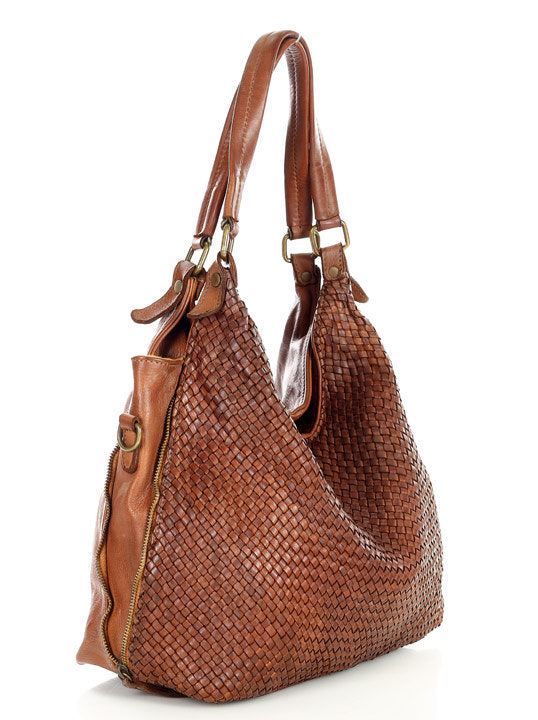 Caldoni Intrecciato - Duża damska skórzana torba na ramię – shopper w stylu Hobo