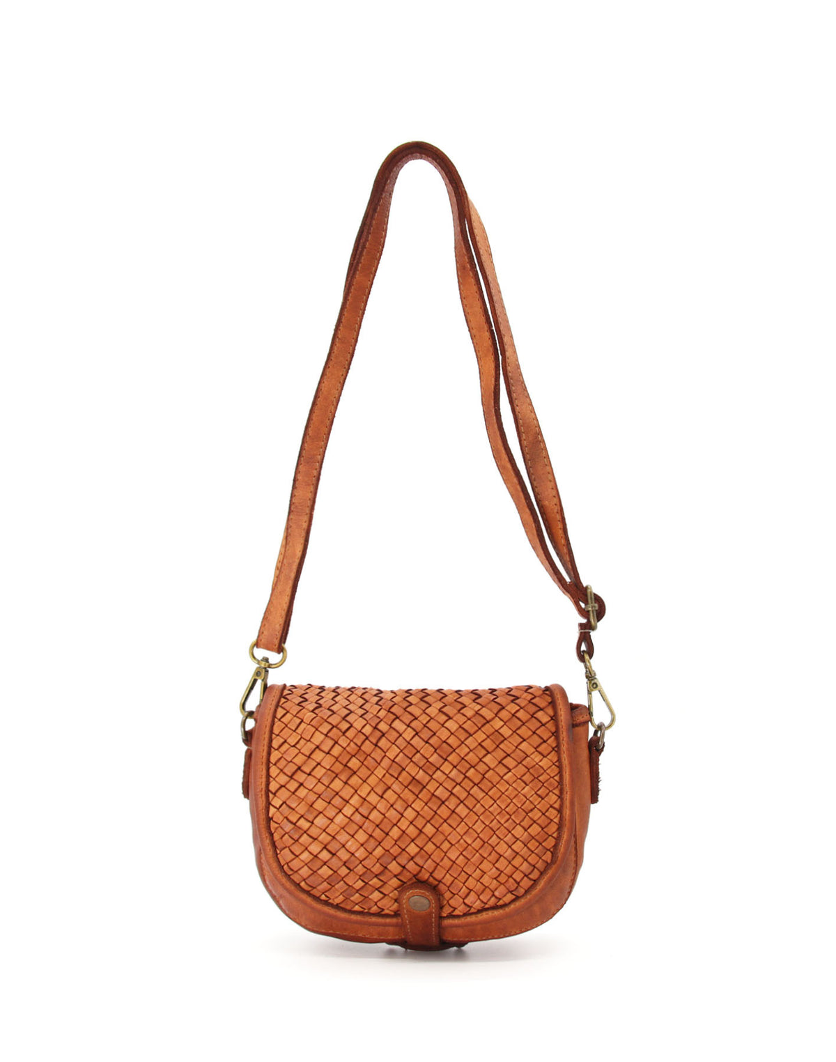 Brązowa koniakowa damska torebka na ramię z naturalnej włoskiej skóry. Mała torebka crossbody damska pasuje do beżów, denimu i kolorów ziemi.	