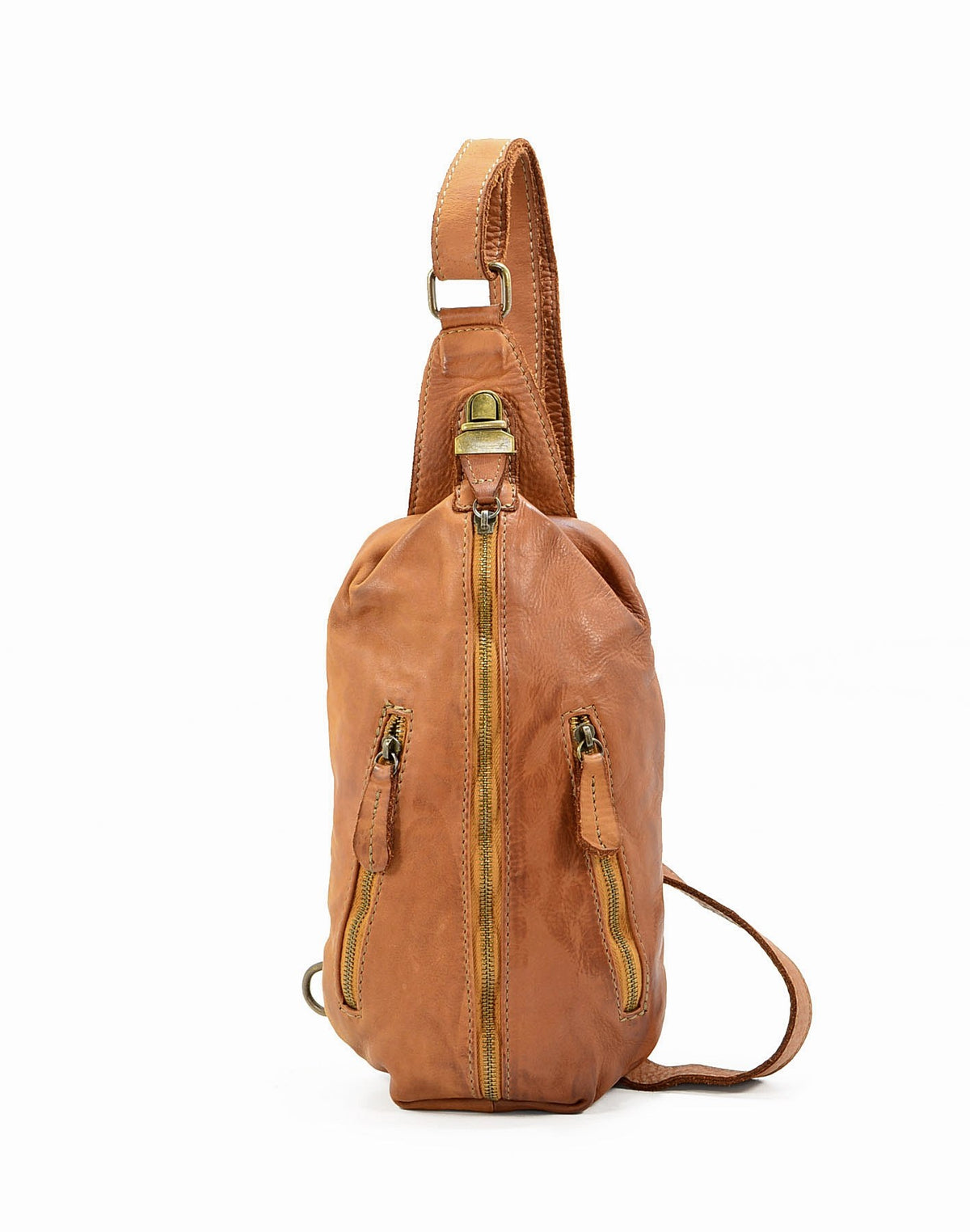 vintage midjeväska och crossbodyväska i italienskt tvättat läder, i cognac brun färg