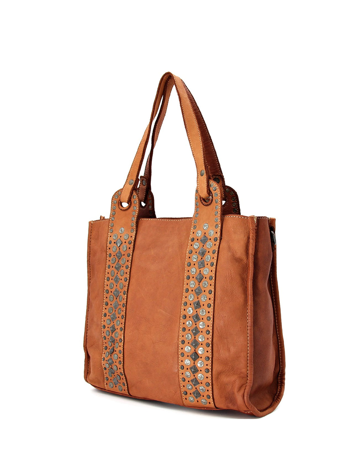 läder axelväska för kvinnor - boho-stil shopper - konjaksbrun svart