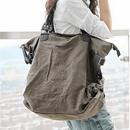 KOUKO HOBO Duża damska torba na ramię XXL z grubej bawełny i skóry beige-taupe