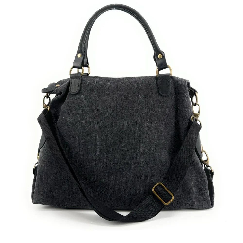 KOUKO HOBO Duża damska torba na ramię XXL z grubej bawełny i skóry black