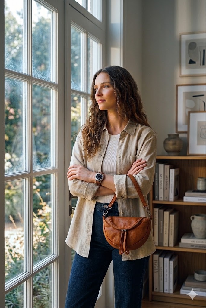 Woman in a room holding a small beige Italian leather crossbody handbag with fringes
