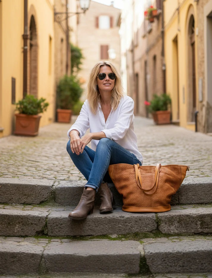 Cassia ● Trapezoidal leather women's shoulder bag shopper type A4