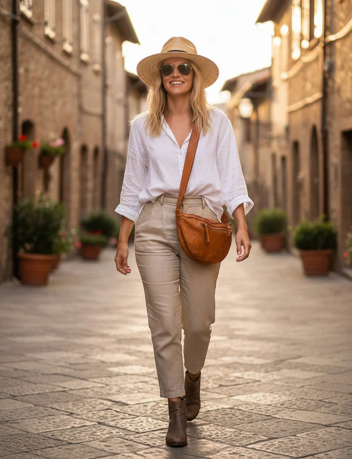 Sac à main en cuir souple en forme de demi-lune de couleur cognac, inspiré du style décontracté Hobo. Se porte à l'épaule ou en bandoulière, facilitant les déplacements quotidiens tout en gardant les mains libres.
