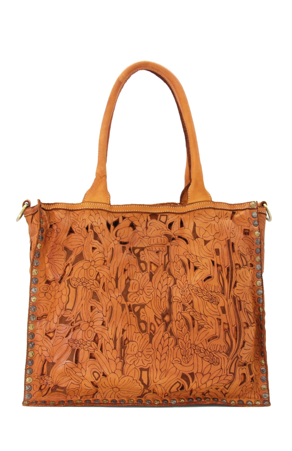 Difiori 3 ● Skórzana torba na ramię i do ręki z motywem floralnym, styl Boho cognac