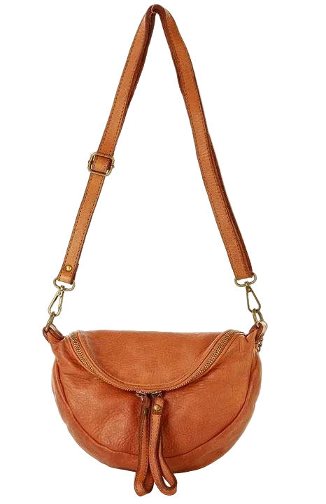 Small women's shoulder and crossbody bag Amelia made of Italian leather in cognac color with a rounded shape