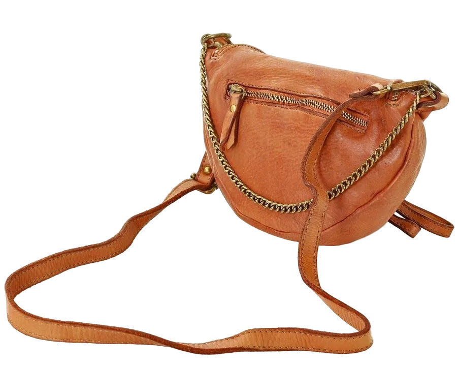 Small women's shoulder bag in cognac color made of Italian leather with a chain strap and gold details