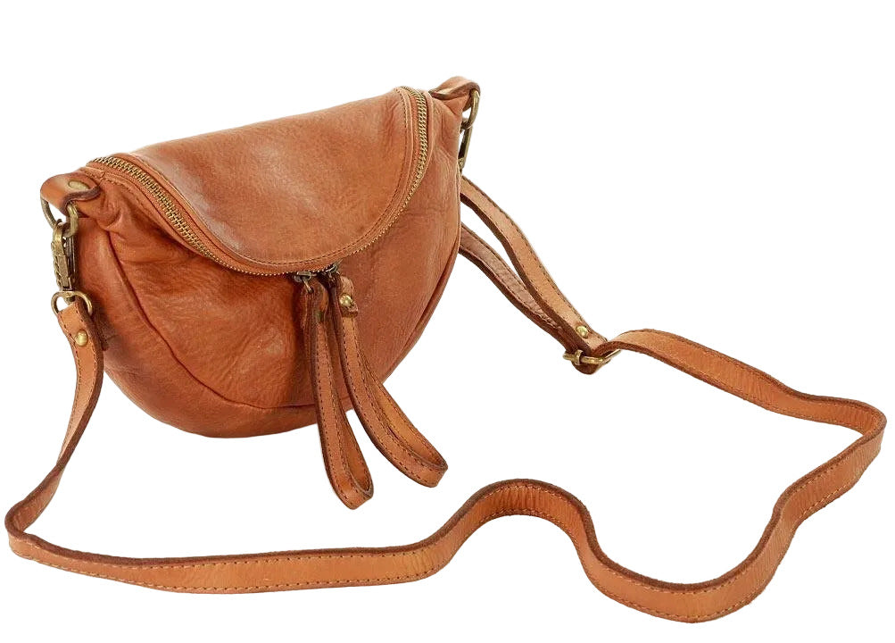 Small women's shoulder and crossbody bag made of Italian leather in cognac color with a semi-circular shape and adjustable strap