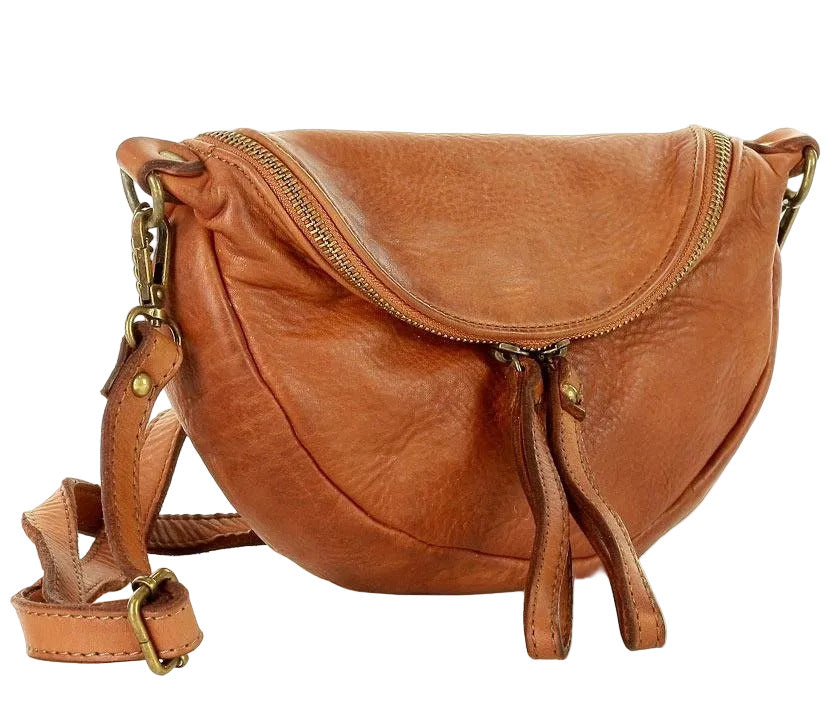 brown chestnut small leather shoulder and crossbody bag Amelia made of Italian leather with woven strap and brass fittings