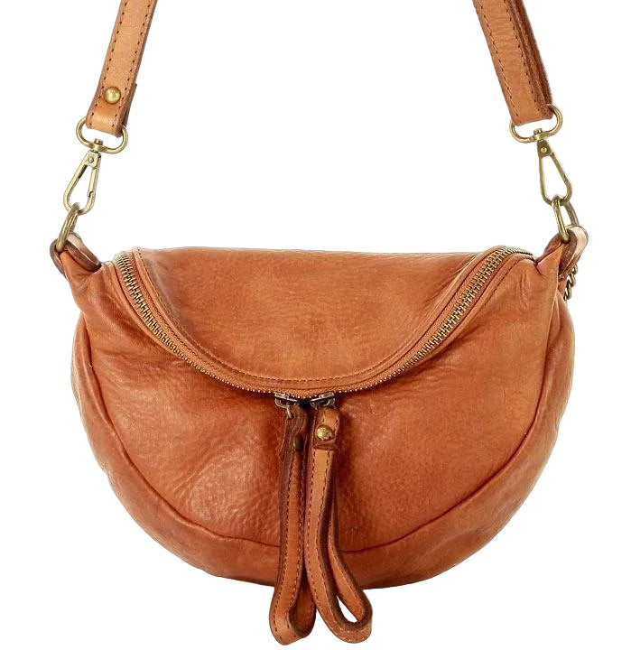 small women's shoulder and crossbody bag made of Italian tan leather with gold hardware and tassel detail