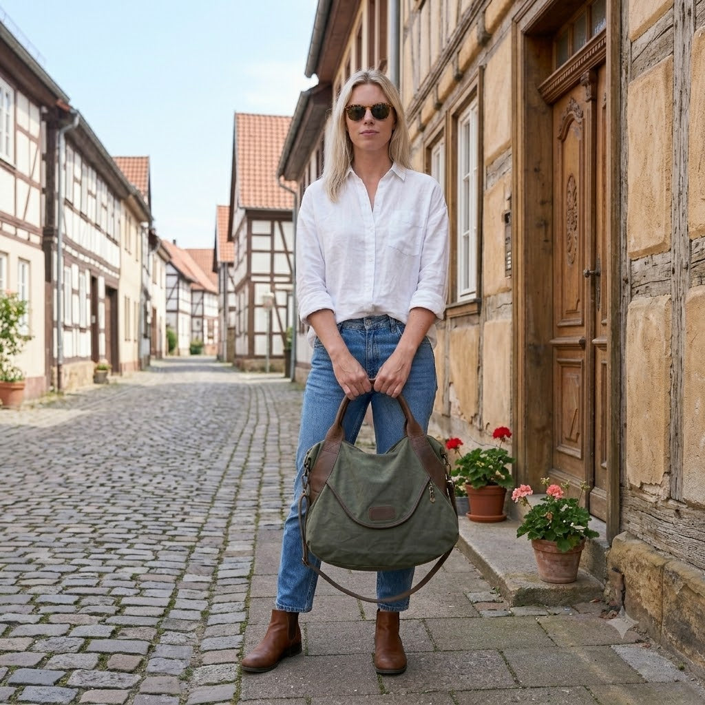 Femme portant un grand sac à main en toile canvas par des poignées en cuir